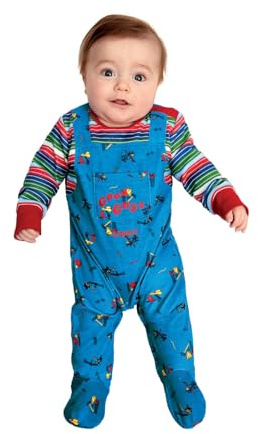 Smiffys Chucky Baby Costume in Blue and Red, All-in-One Bodysuit, Officially Licensed, Printed Iconic Outfit with Good Guy's Patch, Perfect for Halloween and Matching Family Costumes