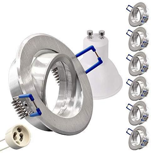 6er Spar SET Hochwertiger LED Einbaustrahler Aluminium gebürstet schwenkbar mit GU10 Fassung 230V RUND + 5W LED warmweiß Einbauleuchte Einbauspot Rahmen Rostfrei Deckenspot Strahler Spot Alu 5103