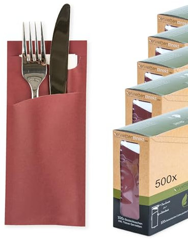 Prime Guest 85x190mm Bestecktasche mit Serviette, 2-lagige Tissue-Serviette in Weiß Bestecktaschen ideal für Gastronomie und Feiern 500 Stück (Bordeaux)