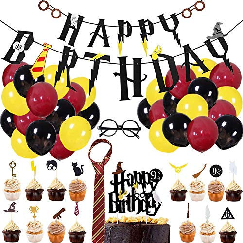 TANSHOP Mago mágico suministros de fiesta de cumpleaños para niños mago decoraciones de fiesta temática con banner de feliz cumpleaños corbata a rayas novedad marco Cupcak (23 unids/paquete)