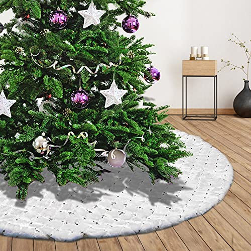 Deggodech 90cm Weihnachtsbaum Röcke Weiß Plüsch Weihnachtsbaum Rock Matte Weißer mit Silber Kreuz Pailletten Weihnachtsbaumdecke Fell Christbaumständer Dekorationen Teppich (Weiß, 90cm/35zoll)