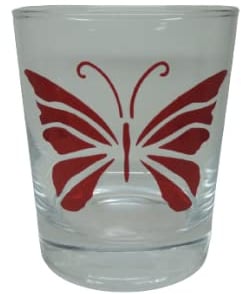 Lichtidee Teelicht Glas Windlicht Tischlicht Print mit Schmetterling rot Glitzer Handmade Unikat Ostern Muttertaggeschenk, Höhe 8cm,
