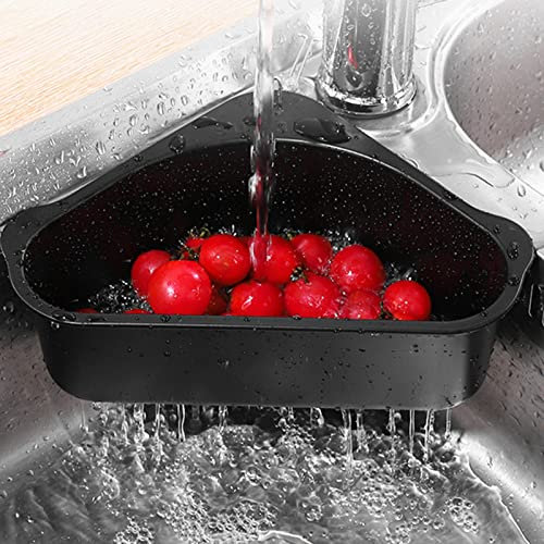 Spülbecken Organizer, Waschbecken Filterablage Spüle Abfluss Regal aus Edelstahl mit Saugnapf, Dreieck Abflusskorb Lagerregal für Aufbewahrung Schwämmen, Gemüse, Obst Küche Sieb Teesieb (Schwarz)