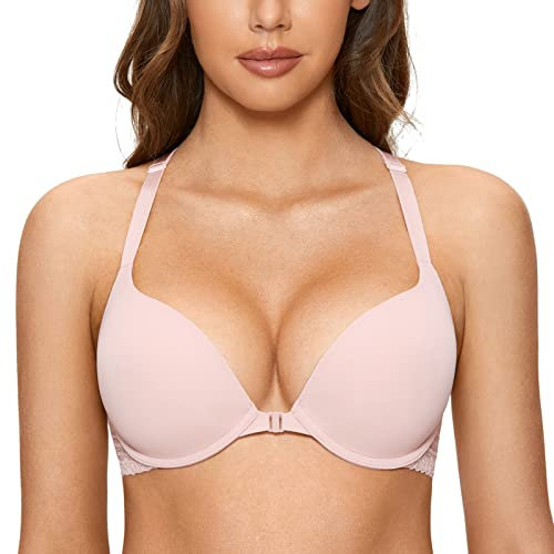DOBREVA Damen Vorderverschluss Push Up BH mit Bügel Soft T Shirt Tiefen Ausschnitt BHS Neckholder Gepolsterter Nacktes Rosa 75AA
