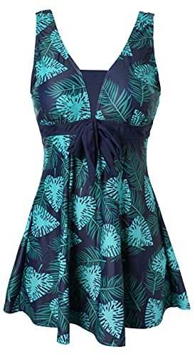Ecupper Maillot de Bain Une Pieces pour Femme Rétro Jupe avec Volantée Contrôle du Ventre Push Up Col en V Feuille Vert foncé L