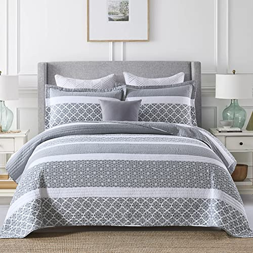 SahSahCasa Quilt Set, Queen Size, 100% Cotton Bedding Set, Reversible Lightweight Floral Patchwork Bedspread for Queen Bed, Bluish Grey, All Season, 3-Piece