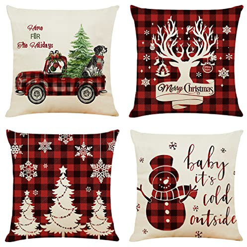 NIULAA Weihnachten Deko Kissenbezug 40x40 4er Set Hirsch Kissenbezüge Wohnzimmer Dekokissen Couch Weihnachtsdeko Leinen Kissenhülle Weihnachtskissenbezug Sofa Kissen Outdoor Couchkissen