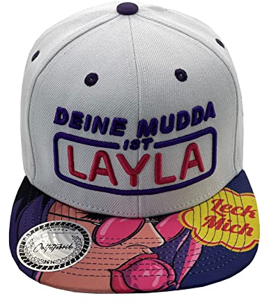 Outfitfabrik Snapback Cap Deine Mudda ist Layla in weiß/lila mit Lollipop-Schirm und 3D-Stick (Provokation, Statement) für Herren und Damen, One Size, verstellbar