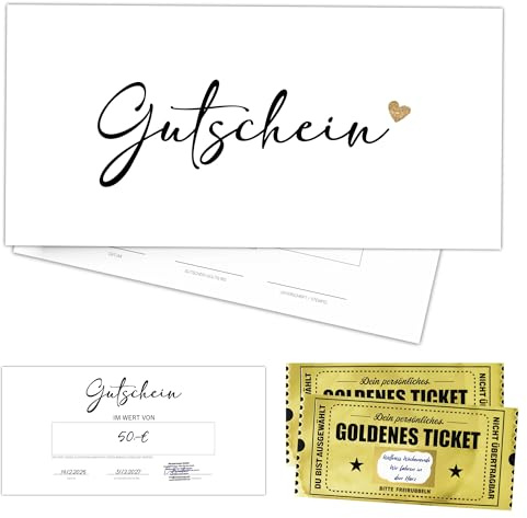 Eummel 40 Blanko Gutscheine zum selber Ausfüllen inklusiv 2 Goldene Tickets | Nachhaltiges 300g Premium Creme Papier | Ideal für Nagelstudio, Kosmetik, Massage, Wellness, Gastro etc.
