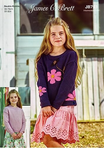 James Brett Double Knit Knitting Pattern for Girls Flower or Plain Sweater (JB793)