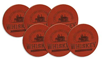 sous-Verres en Cuir Pleine Fleur par C4B, Rond, Ø 3,9 Pouces (10 cm), Set de Dessous de Verre pour Verres, Tapis Anti-Goutte 100% Cuir, Facile à Nettoyer, Fabriqué en UE, 6 pièces (Whisky/Marron)