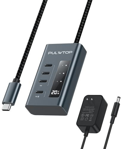 PULWTOP USB C Hub Aktiv mit Netzteil,4 Ports USB C to C Hub with 10 Gbit/s 3.2 Generation, PD Output 20W. USB-C Hub für Datenübertragung Und Laden Für Any Type c laptops (Nicht unterstützt Video)
