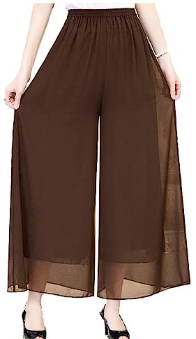 Fakanhui Damen-Palazzo-Hose aus Chiffon, weites Bein, hohe elastische Taille, lässig, fließend, Business-Hose, Chiffon01 Braun, XX-Large