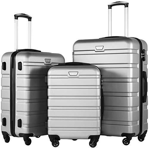 COOLIFE Hartschalenkoffer Trolley Rollkoffer Reisekoffer Kofferset Handgepäck mit TSA-Schloss und 4 Rollen (Helles Silber, Koffer-Set)