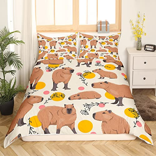 Homewish Cartoon Capybara Bettwäsche 155x220 für Kinder,Nette Braune Capybaras Bettbezug für Teens Jungen Mädchen Zimmer Dekor,Lustige Doodle Pflanzen Dots Bettwäsche Set Mikrofaser Weiche Bett Set