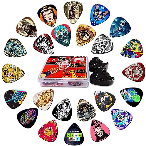 Plektrum 24 Stück,Guitar Picks mit Plektren Halter,4 Dicke 0,46~1,20mm | Gitarren Plektrum für Akustikgitarre,E Gitarre,Bass Guitar,Gitarren Zubehör Vier Dicken 0,46/0,71/0,96/1,2mm(Mix-3)