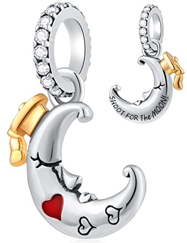 Shoot For The Moon Anhänger, Mond mit Abschluss Kappe Charms passen Pandora Graduation Armband, 925 Sterling Silber Ich liebe dich zum Mond und zurück Anhänger Perle, Geschenk für Valentinstag/Paar