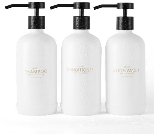 Janxin Shampoo and Conditioner Dispenser Refillable 621ML with Silicone Anti-Slip Protective Pad with Waterproof Labels for Bathroom, 3 Pack (White)
