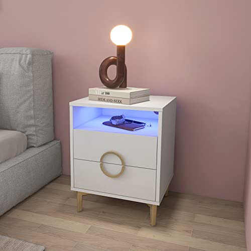 Lvhecforhm Nachttisch Weiß, Nachttische Hochglanz Front, Nachttisch mit 2 Schubladen, Nachttisch Goldene Füße und Griffe, Nachttisch mit Offenem Fach, Moderner Nachttisch Wohnzimmer Zimmer 45x40x57cm