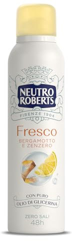 Neutro Roberts, Deodorante Spray Fresco Giallo, Bergamotto e Zenzero, Zero Sali di Alluminio, Zero Macchie, con Puro Olio di Glicerina, Deodorante Uomo e Donna, Dermatologicamente testato, 150 ml, 48h