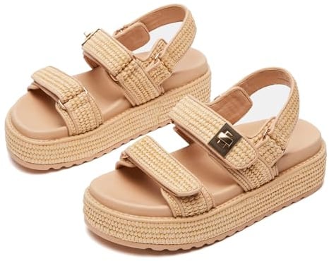 SOVANYOU Bast-Plateau-Sandalen für Damen, bequeme Sommer-Strandsandalen, offener Zehenbereich, Slingback-Plateau-Sandalen mit verstellbarer Doppelschnalle, Naturbast, 40.5 EU