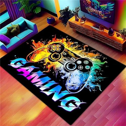 Bereich Teppiche, Neon Graffiti Gamer Spiele Kinder Teenager Home Decor Gedruckt Waschbar Anti-Rutsch-Spiel Bodenmatten Wohnzimmer Dekorative Teppiche Schlafzimmer (Wasser und Feuer,140x200cm)