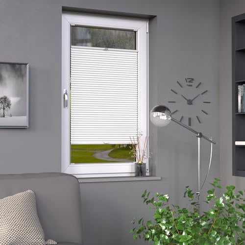 Deco-Raum Plissee auf Maß für alle Fenster innen, Montage in Glasleiste mit Spannschuh, Plissee mit Bohren Faltrollo Sichtschutz und Sonnenschutz Farbe Weiß B:111-120 cm, H: 40-100 cm