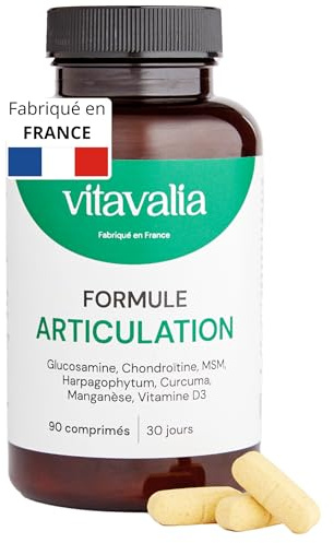 VITAVALIA - Glucosamine Chondroïtine Curcuma - Complément Articulations - Hautement dosé - Arthrose, Douleurs, Cartilage, Mobilité - Harpagophytum, MSM - 90 Comprimés - Fabriqué en France