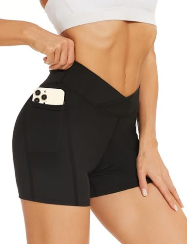 Becellen Radlerhose Damen mit Taschen V Cross High Waist Sporthose Kurze Leggings Blickdicht Sportshorts Dehnbar Hotpants Bequem