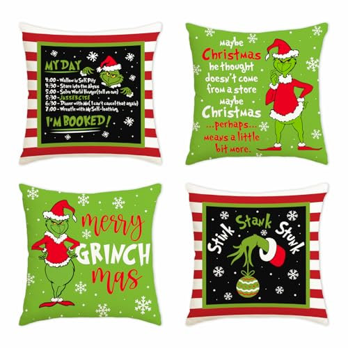 Lustige Weihnachts Kissenbezüge, 4 Stück Grinchs Weihnachts Kissenbezüge, Lustige Grinchs Dekoration, Büffel Kissenbezüge, Bauernhaus Urlaubs Dekorationen für Zuhause Bett Couch Sofa, 45 x 45 cm