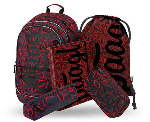 Baagl Schulrucksack Set 5 Teilig für Jungen, Mädchen, Schultasche ab 3. Klasse, Grundschule Ranzen mit Brustgurt, Ergonomischer Schulranzen (Red Polygon)