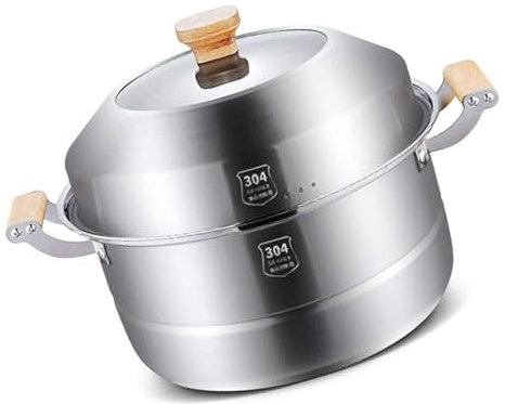 MIIKHI Olla de cocción al vapor de 2 capas, olla grande con tapa, olla de cocina con revestimiento antiadherente, olla de sopa de acero inoxidable 304 comercial/doméstico, para estufa de gas/cocina de