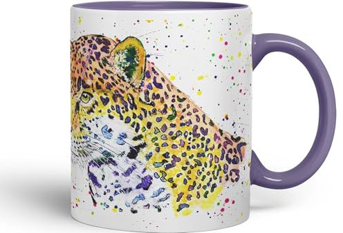 Vixar Jaguar Big Cat Safari Animals Watercolour Ceramic Coloured Mug Cup for Tea Coffee Hot Brew 330ml 11Oz Gift (Purple)