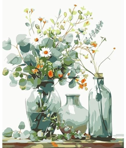 KEEMOSO Peinture par Numero,Acryliques Peinture par Numéros pour Adultes Débutants Enfants,DIY Paint by Numbers Kit sans Cadre 30X40CM-Bouquet vert