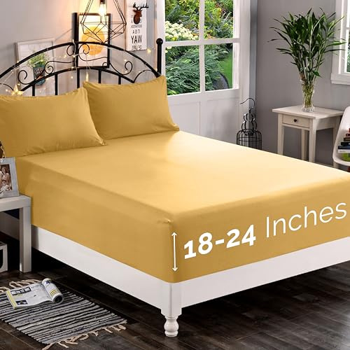 Elegant Comfort 1500 Premium Quality Fitted Sheet Ultra Soft 18-24 Inch Extra Deep Pocket - Single Fitted Sheet for High Mattress - Wrinkle Free with Smart Storage Pockets, Cal King, Camel-Gold