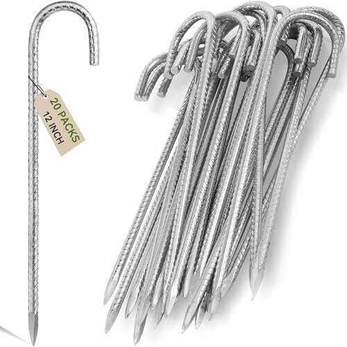 Graxury 20 Stück 30cm Schwere Trampolin-Zeltanker-Bodennägel - Verzinkter Stahl Rostfrei J-Haken-Rebar-Pfähle passend für Trampoline, Camping, Gartenschuppen, Schaukeln mit Meißelspitzenende