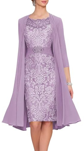 2 Piece Mother of The Bride Dresses with Jacket Chiffon Laces Evening Dresses for Wedding Guest Midi Length