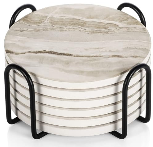 Drink Coasters Set of 6 - Marble Style Ceramic Round Coaster, Coasters with Holder and Cork Base, Ceramic coaster suitable for all kinds of cups, gift, for Women Men Home Decor, 4 ''
