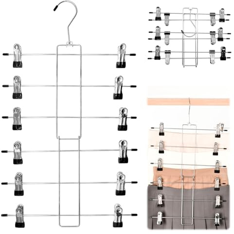 Cintre Pantalon Gain de Place, Porte-Pantalons en Acier Inoxydable 6 Niveaux, Pinces Réglables Antiglisse, Rangement Penderie pour Shorts, Jupes, Vêtements Suspendus