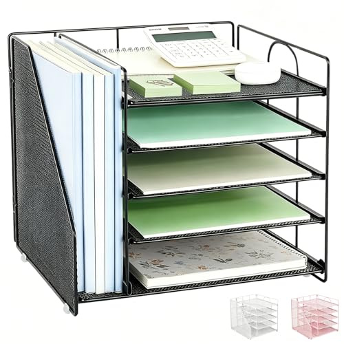 Pygocereri Desk Organiser and Office Accessories, 5-Tier Paper Letter Tray Organiser with File Holder, Desktop Organizer for Desk Tidy (Black)