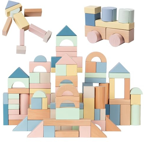 Nene Toys Bloques de Construcción de Madera 100 Piezas para Niños Desde 1 Año – Bloques Pastel de Madera FSC – Juguete Montessori de Apilamiento y Clasificación – Regalo Niños Niñas 1 2 3 Años