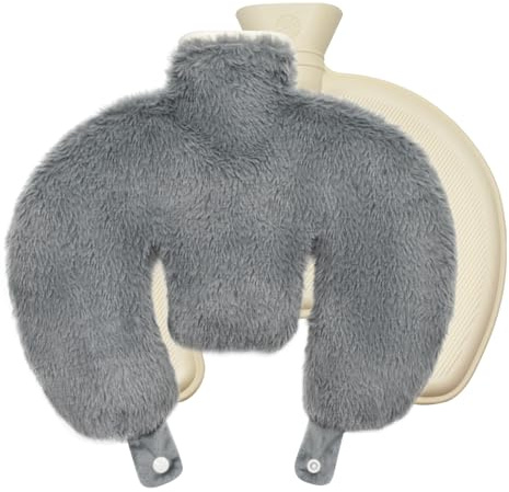 Yiomxhi Nackenwärmflasche mit Weichem Bezug, 1L U-Förmige Wärmflasche Nacken Schulter für Wärme Komfort, Auslaufsicher Flauschig Bettflasche für Frauen Erwachsene (Grau)