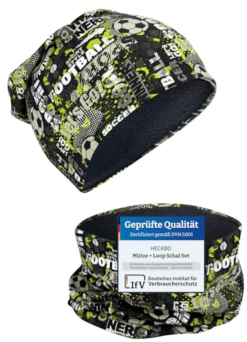 HECKBO Kinder Beanie & Loop Schal Set - mit Vlies oder Jersey - unisex Mädchen Jungen - 95% Baumwolle - Herbst Frühling Winter