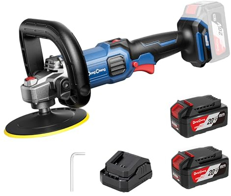 DongCheng Akku Poliermaschine für Auto, 2x 4,0Ah Batterie | Bürstenloser Rotationspolierer, Sanftanlauf, 6 Gang Drehzahlregelung – Ideal für Lackpflege und Kratzerentfernung