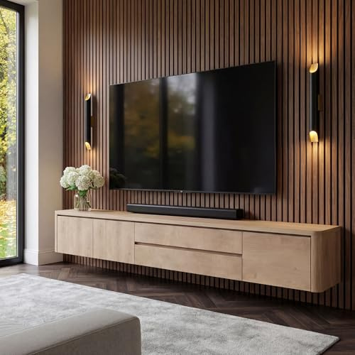 TFFCIC 71 Inch Floating Wall-Mounted TV Cabinet, Oak Wood Media Console with 4 Drawers, Solid Wood Plywood for 85-Inch TVs, Minimalist Living Room Furniture