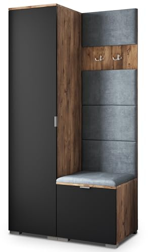 Masseno Flugarderoben Set Lori, Kleiderschrank-Set mit Sitzbank, Garderobenschrank Flur mit 3 Regalböden, Eiche Lefkas/Schwarz