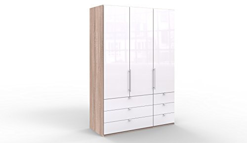 WIEMANN Loft Kleiderschrank, Schlafzimmerschrank, Gleittürenschrank, Drehtürenschrank, mit Schubladen, Glas weiß, Eiche-sägerau, Holz, B/H/T 150 x 216 x 58 cm