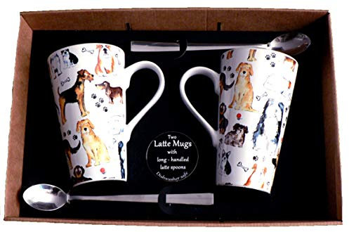 Set of 2 Dog Latte Mugs Gift Boxed with Spoons. Ceramic Latte Mug 3/4pt Capacity