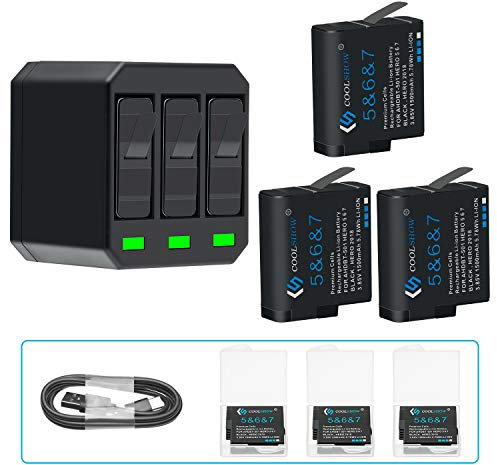 COOLSHOW Hero 7 Akku 1500mAh (3 Stück) Ersatz und Triple Hero 7 Ladegerät Set Kompatibel mit GoPro Hero 7 Black,Hero 6 Black,Hero 5 Black,Hero 2018