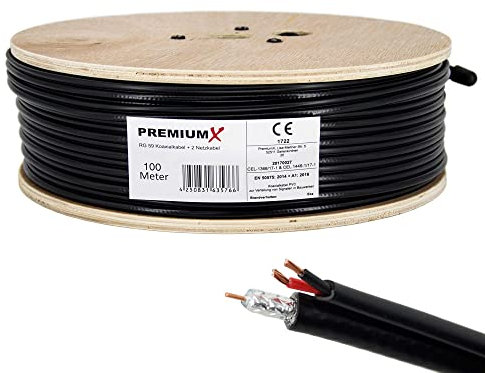 Premium X 100m RG59 Koaxialkabel + 2 Netzkabel Eca Videobild und Stromversorgung Kombi Koaxkabel/Strom Video-Kabel für Videoüberwachung Überwachungskamera